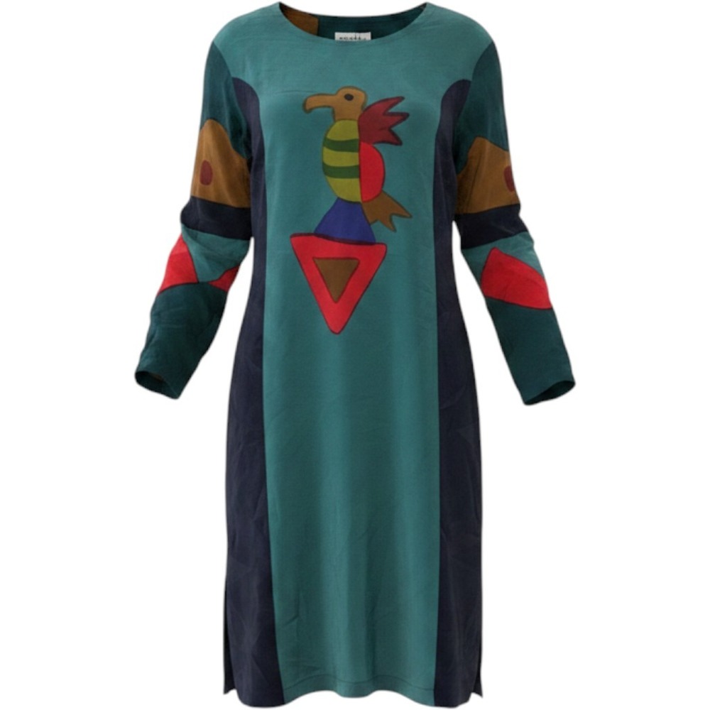 Montaldos Silk Dress Women Small Vintage Art to Wear Bird Colorblock Long Sleeve